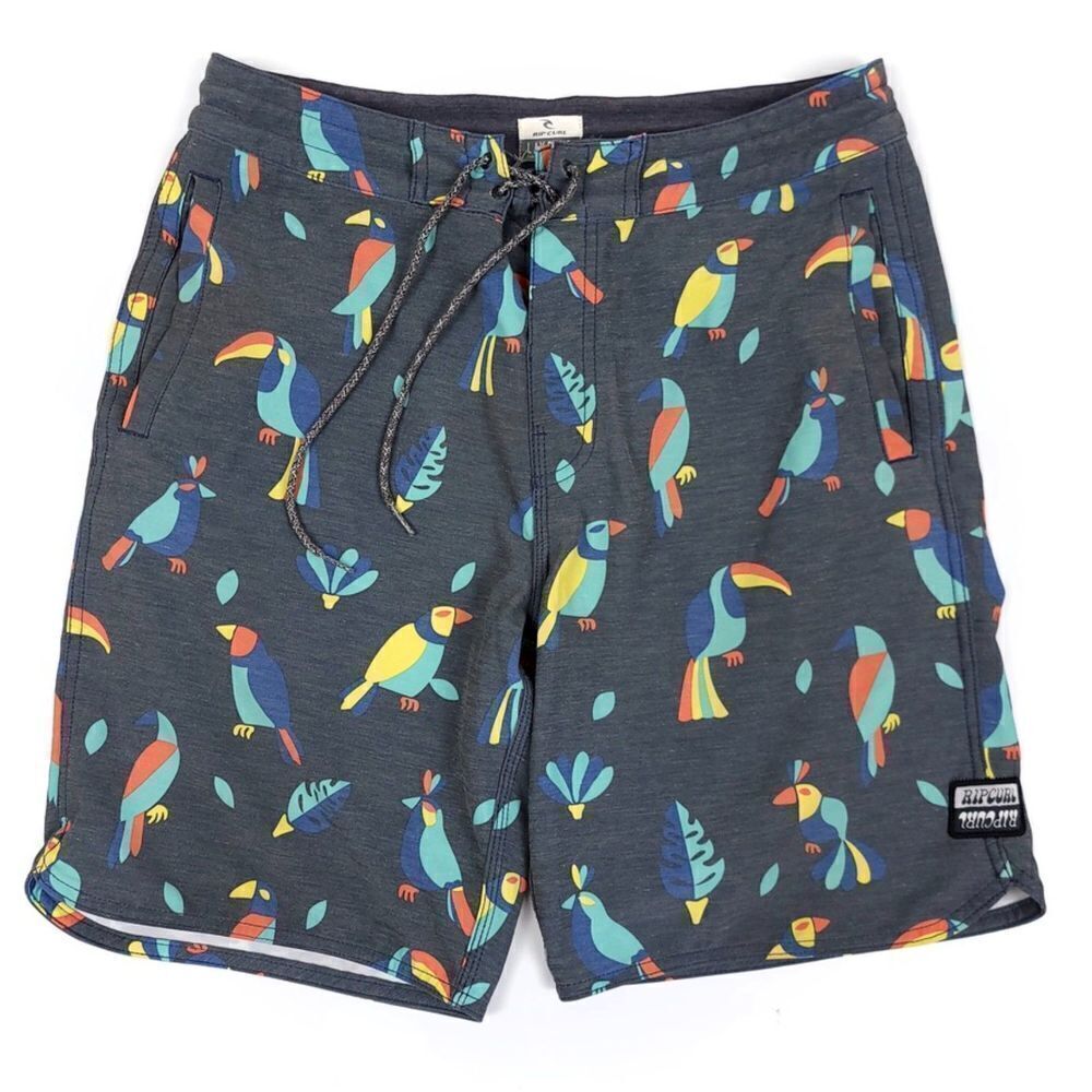 RIP CURL LayDays 8 Inch Swim Trunks 90s Board Shorts Parrot Novelty Gray Mens 31
